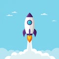 Illustration of a cartoon rocket launched into a clear blue sky. The rocket features a Royalty Free Stock Photo
