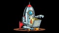 Rocket Programmer Cartoon Spaceship Coding on Laptop Royalty Free Stock Photo