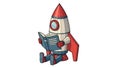Cartoon Rocket Reading Book Education, Space, Learning Concept Royalty Free Stock Photo