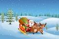 Cartoon santa claus with elf riding on a sleigh with bag Royalty Free Stock Photo