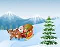 Cartoon santa claus with elf riding on a sleigh with bag of gifts pulled by reindeer Royalty Free Stock Photo