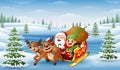 Cartoon santa claus with elf riding on a sleigh with bag Royalty Free Stock Photo