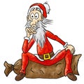 illustration of cartoon Santa Claus sitting pensively on a gift bag on white background Royalty Free Stock Photo