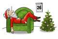 illustration of cartoon Santa Claus sleeping on armchair after day\'s work is done, on white background