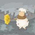 Illustration of cartoon sheep with umbrella