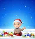 Cartoon sitting boy in the winter background with balls Royalty Free Stock Photo