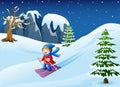 Cartoon skiing girl in snow downhill