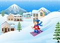 Cartoon skiing girl on snowy hill