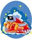 Illustration for cartoon spaceship in space with a pirate flag, vector illustration Royalty Free Stock Photo