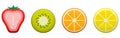 Illustration of cartoon strawberry, kiwi, orange, and a lemon cut in half next to each other Royalty Free Stock Photo