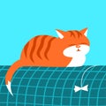 Illustration of cartoon striped ginger cat sleeping sweetly