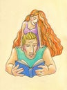 Illustration in cartoon style. big strong man and his little fragile woman. big man, blond reads woman a book Royalty Free Stock Photo