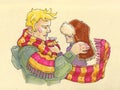 Illustration in cartoon style. big strong man and his little fragile woman caring, warm relationship, winter scarf Royalty Free Stock Photo