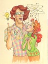 Illustration in cartoon style. big strong man and his little fragile woman. scientist and student,
