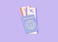 3d passport with plane tickets. travel or tourism concept. planning holidays and booking tickets. illustration isolated on purple