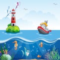 Illustration in cartoon style of a ship at sea and fun fish Royalty Free Stock Photo
