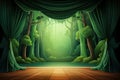Illustration in cartoon style: theater wooden stage with green open curtains and plants Royalty Free Stock Photo