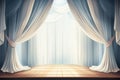 Illustration in cartoon style: theater wooden stage with white open curtains Royalty Free Stock Photo