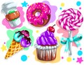 Illustration of cartoon sweets: coffee, donut, lolipop, icecreame and cupcake Royalty Free Stock Photo
