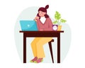 Illustration of cartoon thoughtful girl works on laptop at desk from home