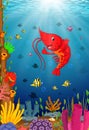Cartoon tropical lobster with beautiful underwater world