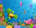 Cartoon turtle and octopus underwater Royalty Free Stock Photo