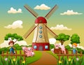 Cartoon two boy is herding pigs in the windmill building background