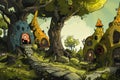 Illustration of a cartoon village nestled in an enchanted forest, with quirky treehouse-like homes, evoking the charm of