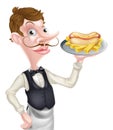 Cartoon Waiter Butler Holding Hotdog and Fries