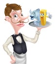Cartoon Waiter Holding Fish and Chips Royalty Free Stock Photo