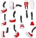 Cartoon walking feet in red sneakers on stick legs in various positions