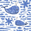 Illustration with cartoon whales. Hand drawing with a flock of marine mammals. Seamless pattern, kids products, fabrics, print,