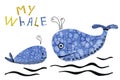 Illustration with cartoon whales and letter. Hand drawing with a flock of marine mammals. Kids products, print, fabrics,