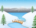 Cartoon winter landscape with mountains and small wooden bridge over river Royalty Free Stock Photo