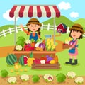 Illustration cartoon woman sells fresh vegetables and fruits