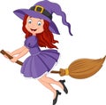 Cartoon young witch flying with a broom