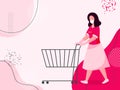 Illustration of Cartoon Young Woman Wearing a Mask While Holding a Trolley on White and Pink Background