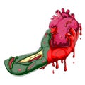 Cartoon zombie hand holding human heart