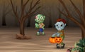 Cartoon zombies walking in the dead forest