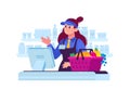 Illustration of a cashier saleswoman girl in a supermarket. Vector. A character in a store behind the cash register sells goods.