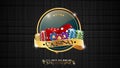 Casino colorful chips with red dice and golden ribbon on dark background Royalty Free Stock Photo