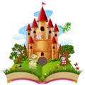 Castle with dragon and a knight in the storybook Royalty Free Stock Photo