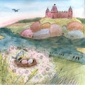 Illustration with castle on the hill and bird nest