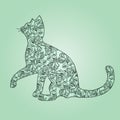 Illustration. Cat with flowers on a green background. Sketch. Royalty Free Stock Photo