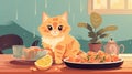An illustration of a cat sitting on a table with food AI Generated Royalty Free Stock Photo