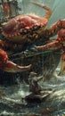 Illustration of catching crabs from a ship, close-up of large crabs