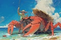 Illustration of catching crabs from a ship, close-up of large crabs