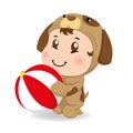 Illustration of a caucasian baby with dog costume holding a ball