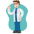 Illustration caucasian man in lab coat, doctor, professor or pharmacist with hand in pocket explaining