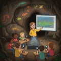 Illustration of a cave classroom setting with a female teacher pointing at a screen Royalty Free Stock Photo